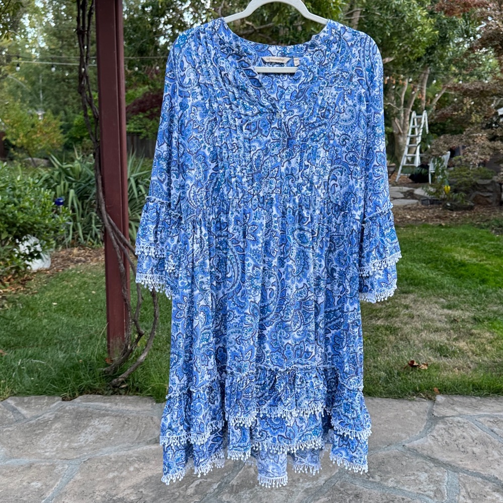 🩷 SOFT SURROUNDINGS; Beautiful Blue & White Ruffle Sleeve Style Dress; Sz. Lg!